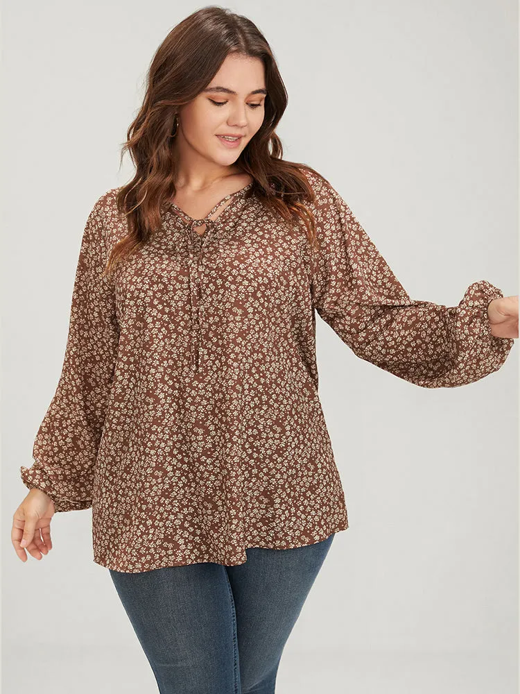 Ditsy Floral Lantern Sleeve Ties V Neck Blouse sold by Bloomchic