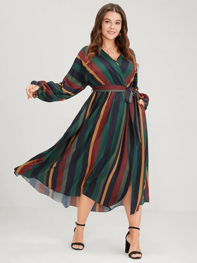 Striped Pocket Dolman Sleeve Wrap Button Flutter Belted Split Dress sold by Bloomchic
