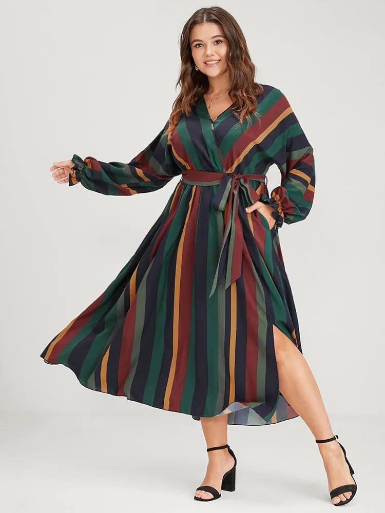 Striped Pocket Dolman Sleeve Wrap Button Flutter Belted Split Dress sold by Bloomchic product image thumbnail 3