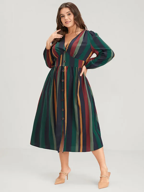 Striped Lantern Sleeve Pocket Button Front Midi Dress sold by Bloomchic