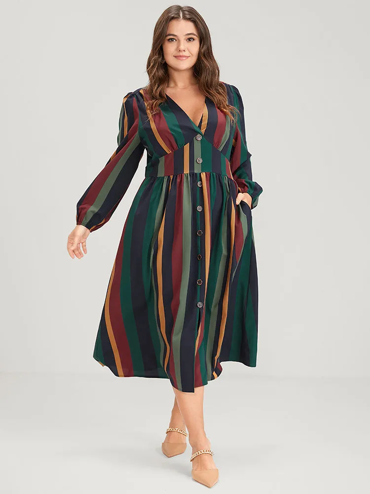Striped Lantern Sleeve Pocket Button Front Midi Dress sold by Bloomchic product image thumbnail 3