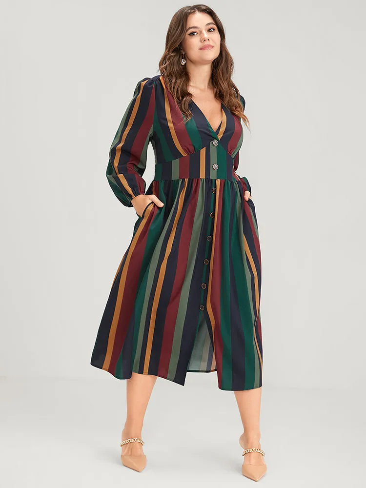 Striped Lantern Sleeve Pocket Button Front Midi Dress sold by Bloomchic product image thumbnail 2