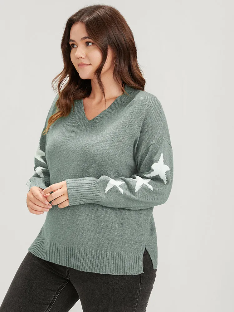 Star Print Contrast Pointelle Knit Slpit Hem Knit Top sold by Bloomchic product image thumbnail 3