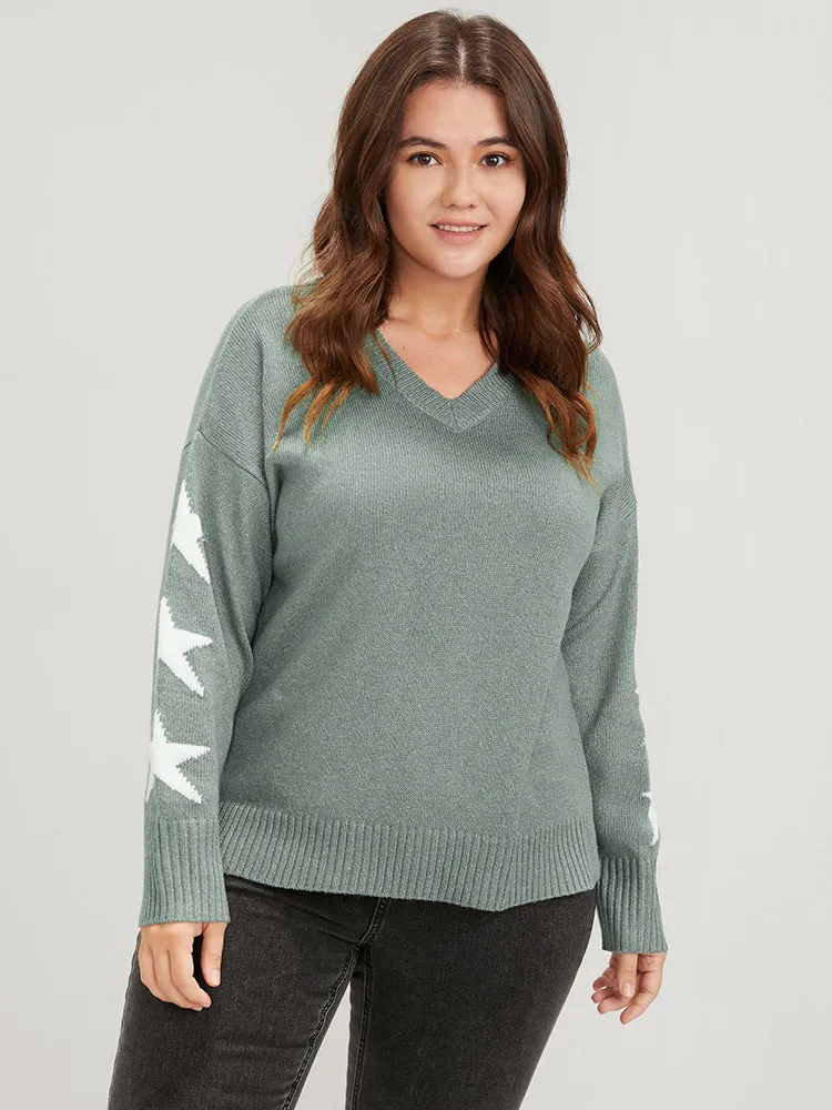 Star Print Contrast Pointelle Knit Slpit Hem Knit Top sold by Bloomchic product image thumbnail 4