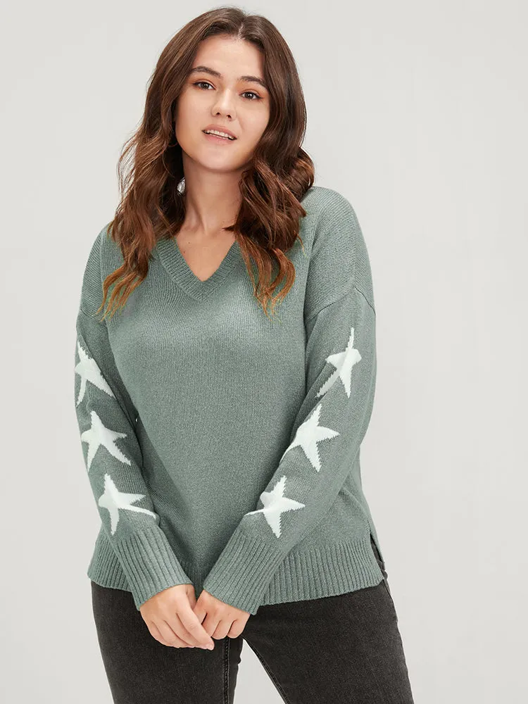 Star Print Contrast Pointelle Knit Slpit Hem Knit Top sold by Bloomchic