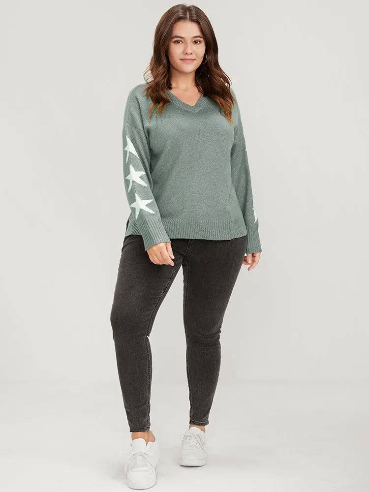 Star Print Contrast Pointelle Knit Slpit Hem Knit Top sold by Bloomchic product image thumbnail 5