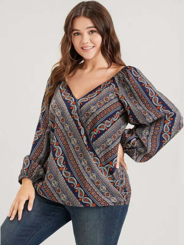Bandana Striped Lantern Sleeve Button Backless Wrap Blouse sold by Bloomchic