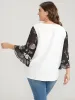 Solid Patchwork Floral Flounce Sleeve V Neck Blouse sold by Bloomchic