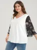 Solid Patchwork Floral Flounce Sleeve V Neck Blouse sold by Bloomchic