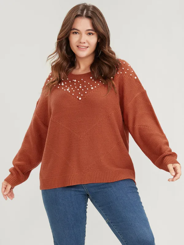Solid Pointelle Knit Pearls Beaded Knit Top sold by Bloomchic