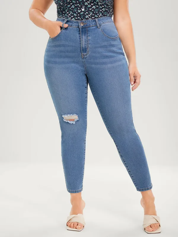 Skinny Very Stretchy High Rise Medium Wash Distressed  Ankle Jeans sold by Bloomchic