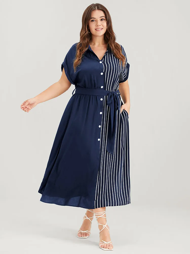 Striped Contrast Pocket Dolman Sleeve Button Up Belted Dress sold by Bloomchic product image thumbnail 3
