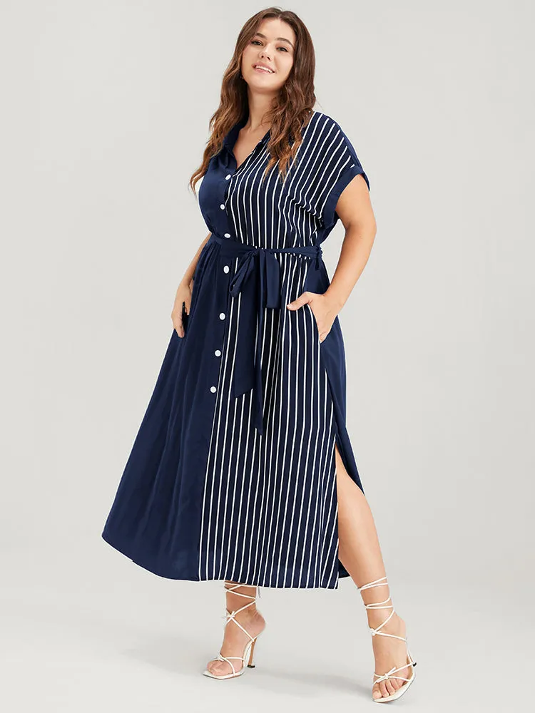 Striped Contrast Pocket Dolman Sleeve Button Up Belted Dress sold by Bloomchic