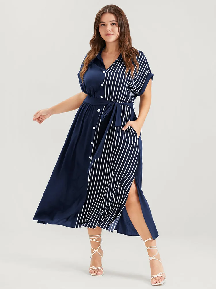 Striped Contrast Pocket Dolman Sleeve Button Up Belted Dress sold by Bloomchic product image thumbnail 2