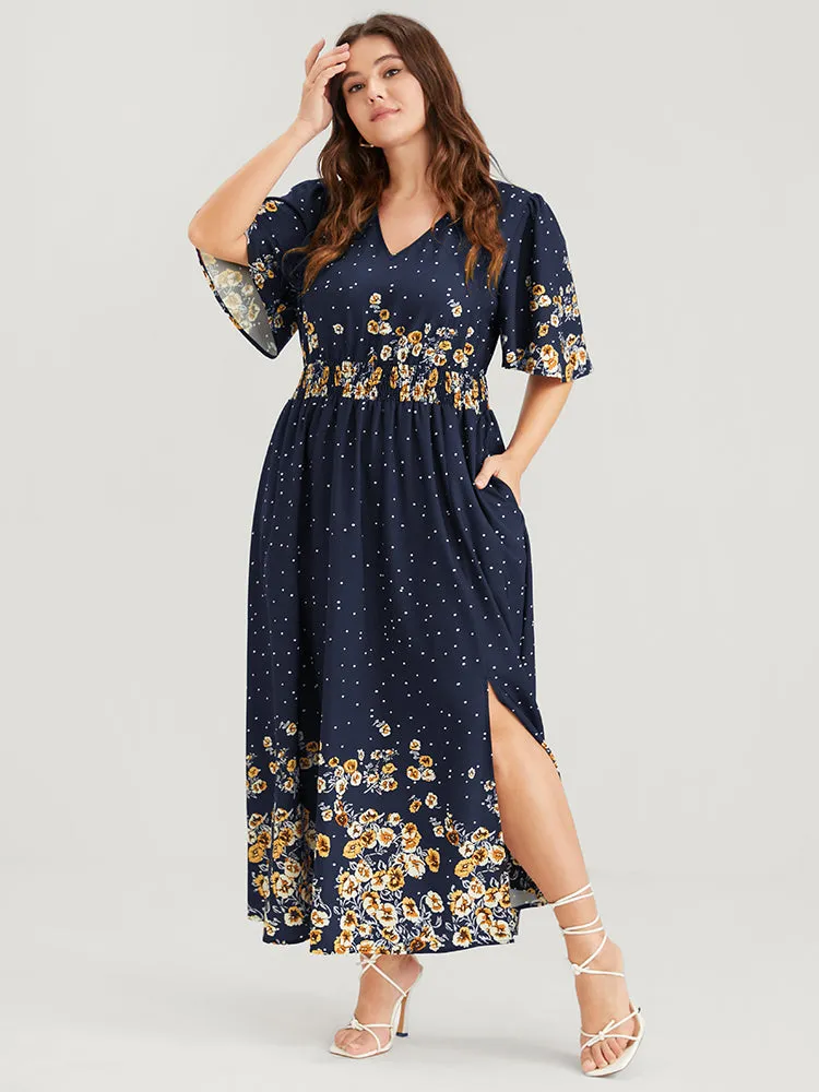 Floral Pocket Split Hem Flutter Shirred Maxi Dress sold by Bloomchic product image thumbnail 4