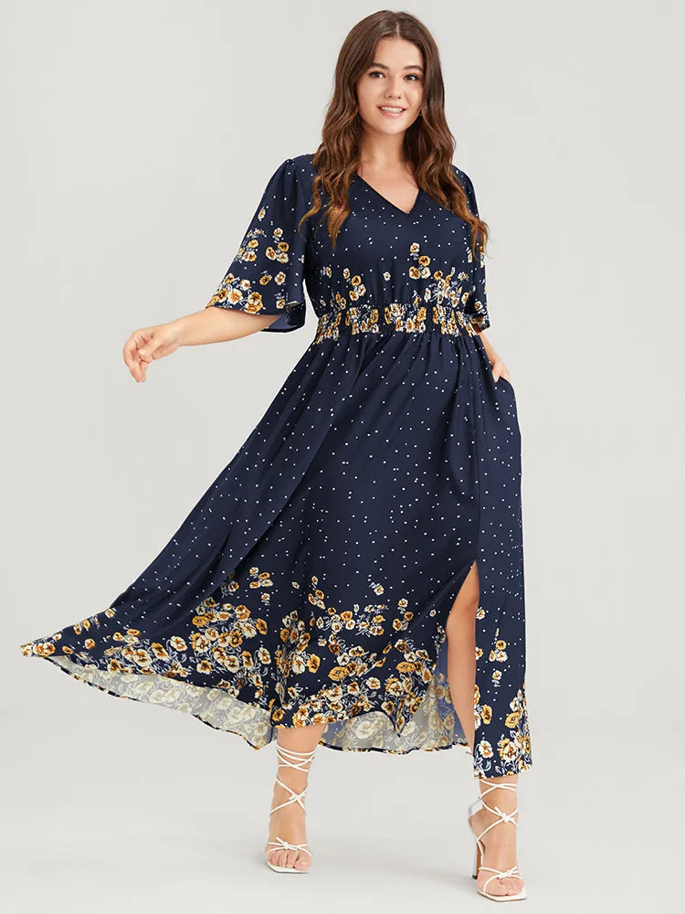 Floral Pocket Split Hem Flutter Shirred Maxi Dress sold by Bloomchic