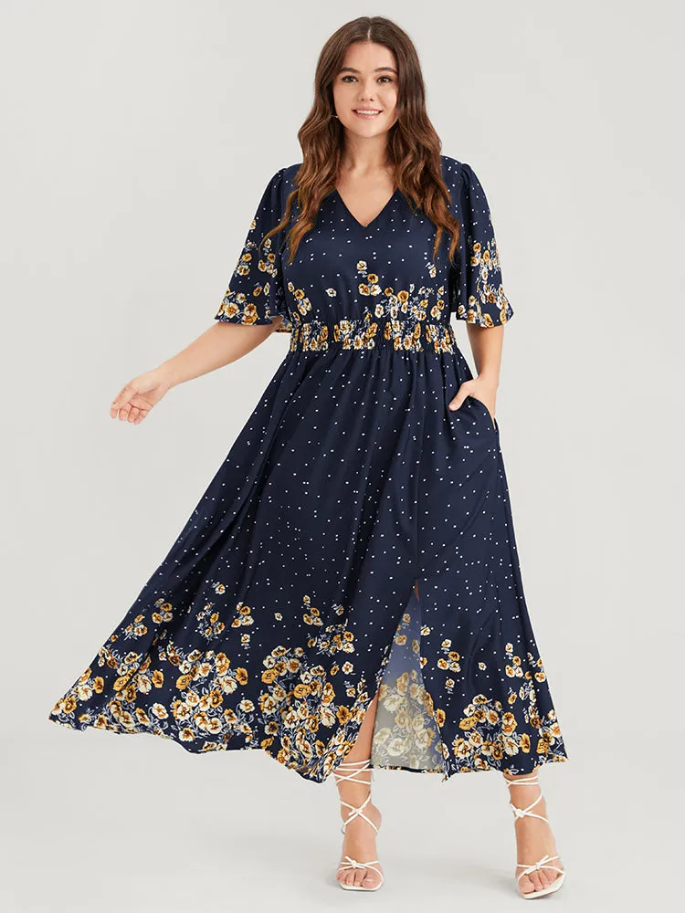 Floral Pocket Split Hem Flutter Shirred Maxi Dress sold by Bloomchic product image thumbnail 2