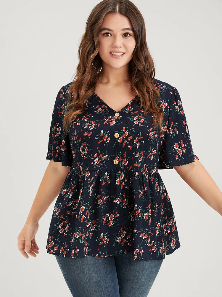 Floral Elastic Waist V Neck Button Ruffles Blouse sold by Bloomchic product image thumbnail 5