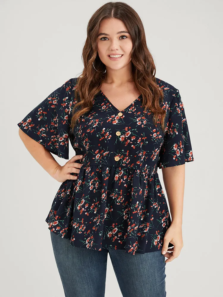 Floral Elastic Waist V Neck Button Ruffles Blouse sold by Bloomchic product image thumbnail 3