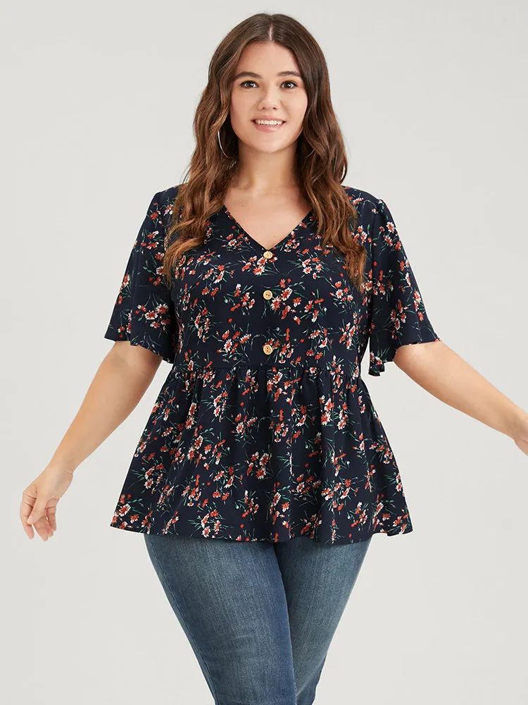 Floral Elastic Waist V Neck Button Ruffles Blouse sold by Bloomchic product image thumbnail 4