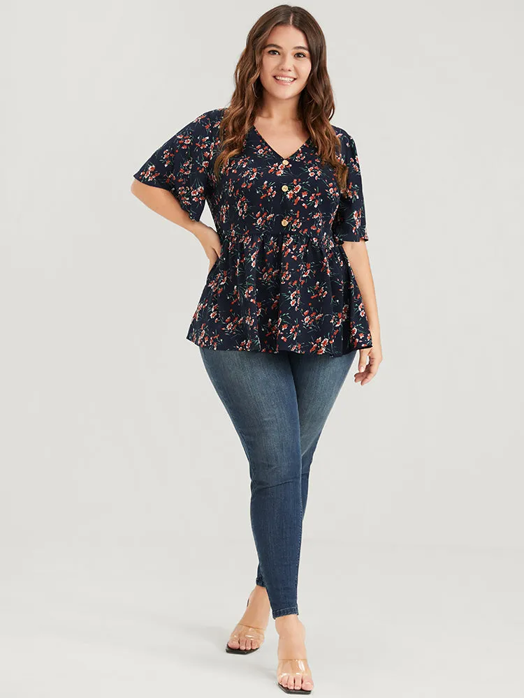 Floral Elastic Waist V Neck Button Ruffles Blouse sold by Bloomchic product image thumbnail 2