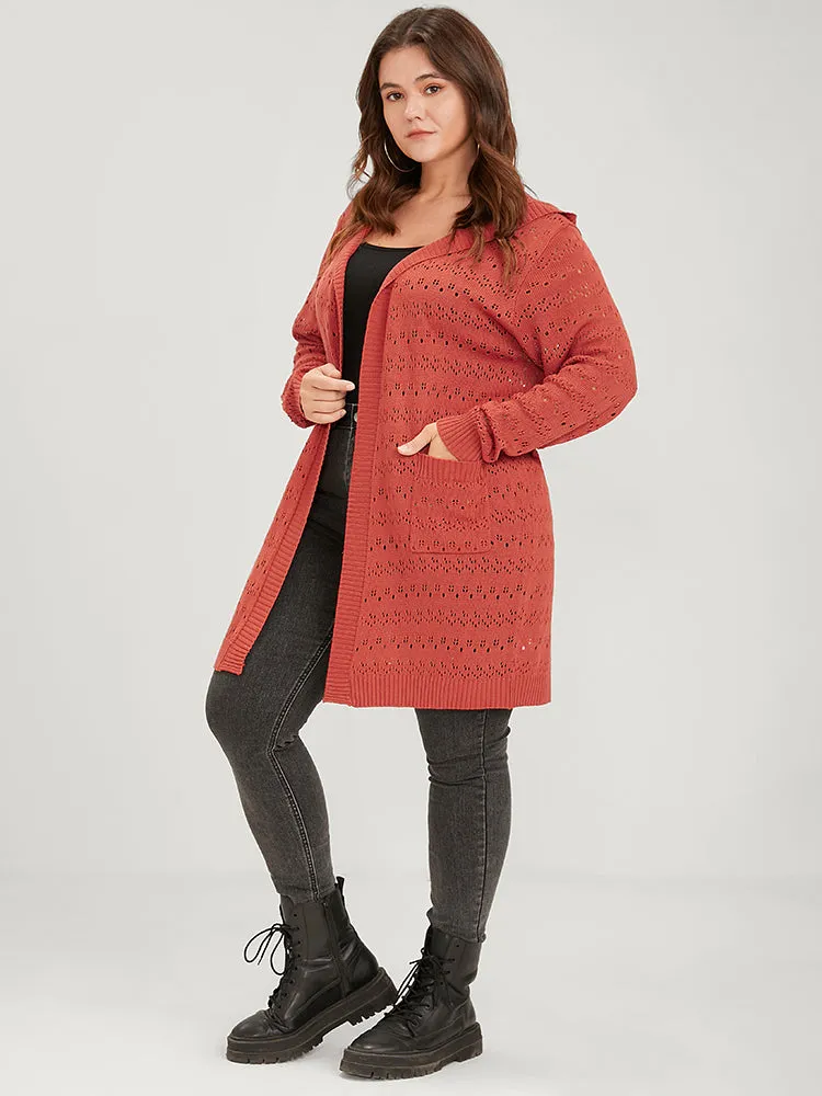 Plain Pointelle Knit Pocket Crochet Open Front Hooded Cardigan sold by Bloomchic product image thumbnail 2