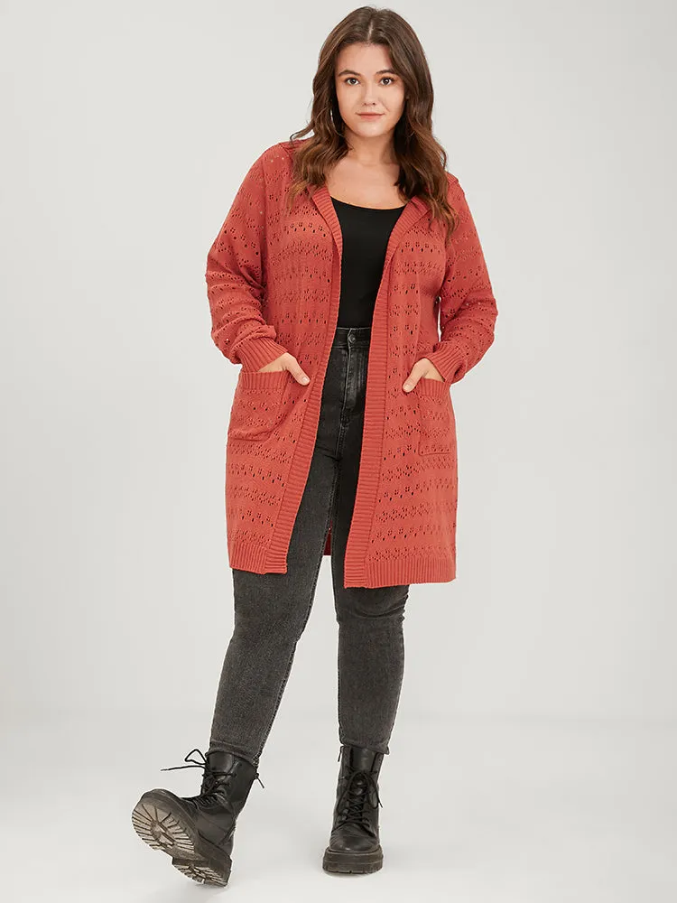 Plain Pointelle Knit Pocket Crochet Open Front Hooded Cardigan sold by Bloomchic product image thumbnail 3