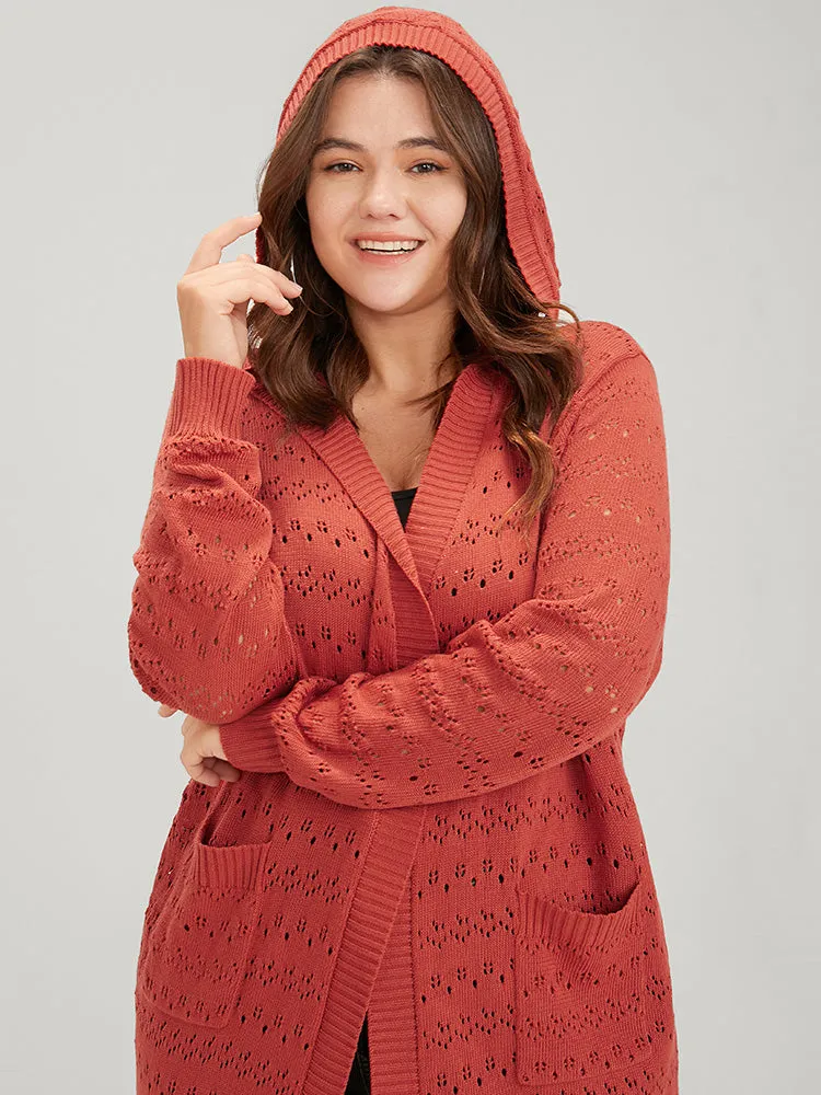 Plain Pointelle Knit Pocket Crochet Open Front Hooded Cardigan sold by Bloomchic product image thumbnail 4