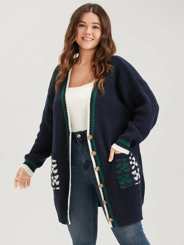 Contrast Trim Pointelle Knit Button Front Pocket Jacquard Cardigan sold by Bloomchic