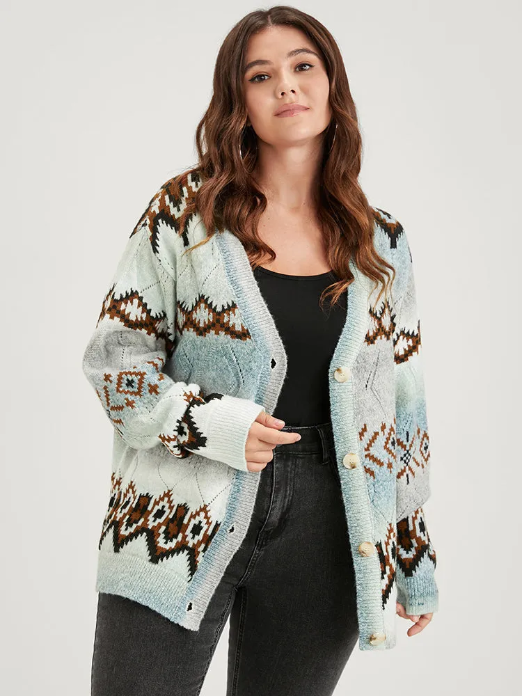 Geometric Print Super Soft Plush Knit Button Front Cardigan sold by Bloomchic