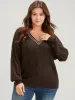 Contrast Trim Pointelle Knit  V Neck Lantern Sleeve Knit Top sold by Bloomchic