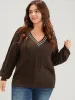 Contrast Trim Pointelle Knit  V Neck Lantern Sleeve Knit Top sold by Bloomchic