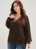 Contrast Trim Pointelle Knit  V Neck Lantern Sleeve Knit Top sold by Bloomchic
