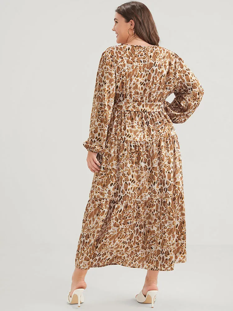 Leopard Pocket Surplice Neck Lantern Sleeve Ruffles Belted Maxi Dress sold by Bloomchic product image thumbnail 4