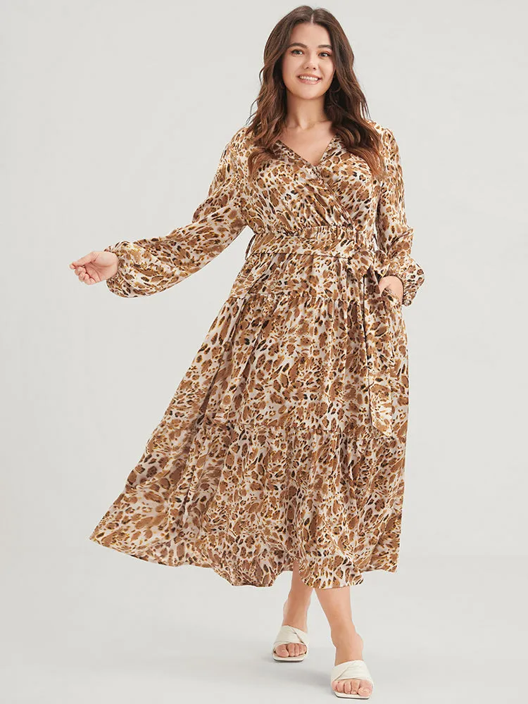 Leopard Pocket Surplice Neck Lantern Sleeve Ruffles Belted Maxi Dress sold by Bloomchic product image thumbnail 2