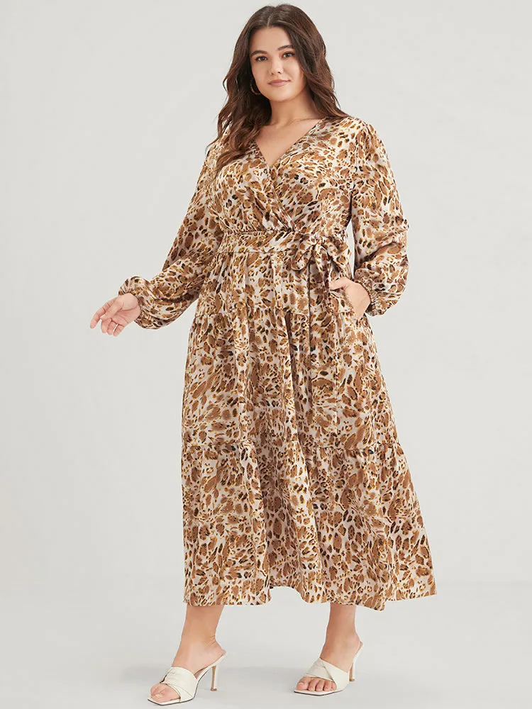 Leopard Pocket Surplice Neck Lantern Sleeve Ruffles Belted Maxi Dress sold by Bloomchic product image thumbnail 3