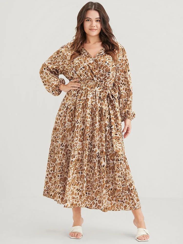 Leopard Pocket Surplice Neck Lantern Sleeve Ruffles Belted Maxi Dress sold by Bloomchic