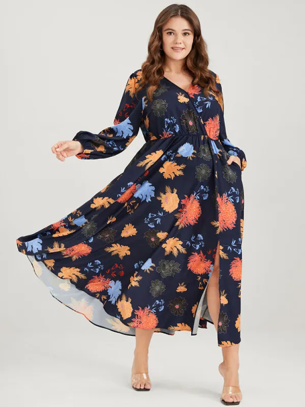 Floral Button Split Lantern Sleeve Pocket Flutter Wrap Maxi Dress sold by Bloomchic