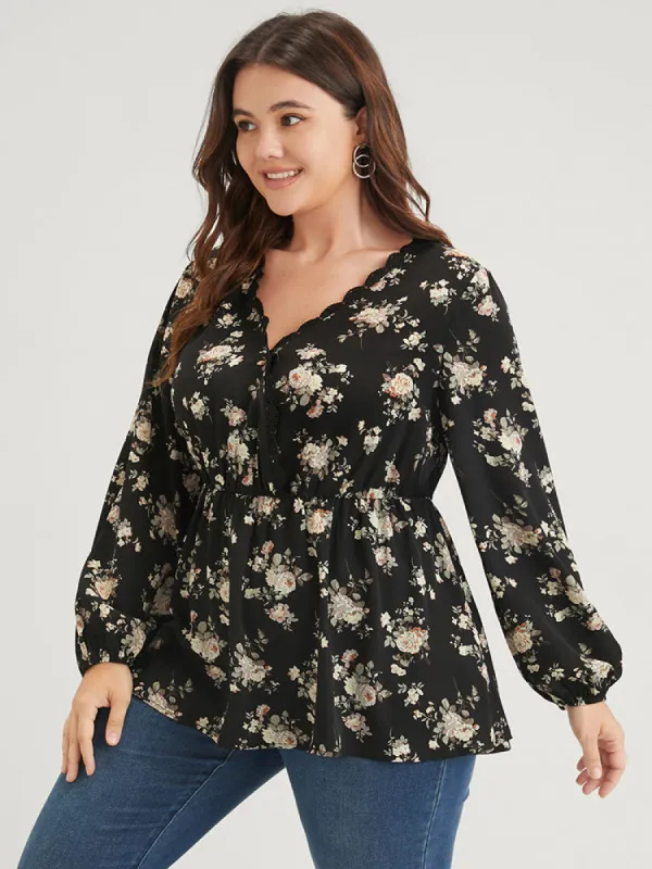 Floral Scalloped Flutter Hem Lace Trim  Wrap Blouse sold by Bloomchic