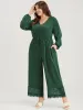 Plain Pocket Button Lantern Sleeve Lace Hem Tie Jumpsuit sold by Bloomchic