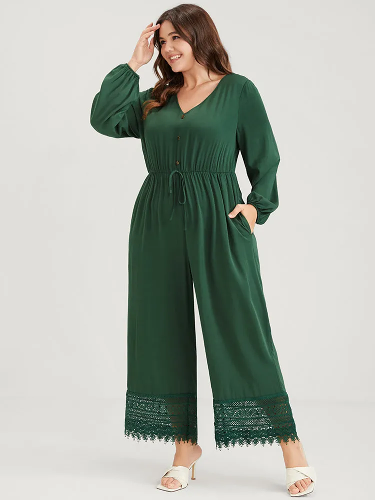 Plain Pocket Button Lantern Sleeve Lace Hem Tie Jumpsuit sold by Bloomchic product image thumbnail 3
