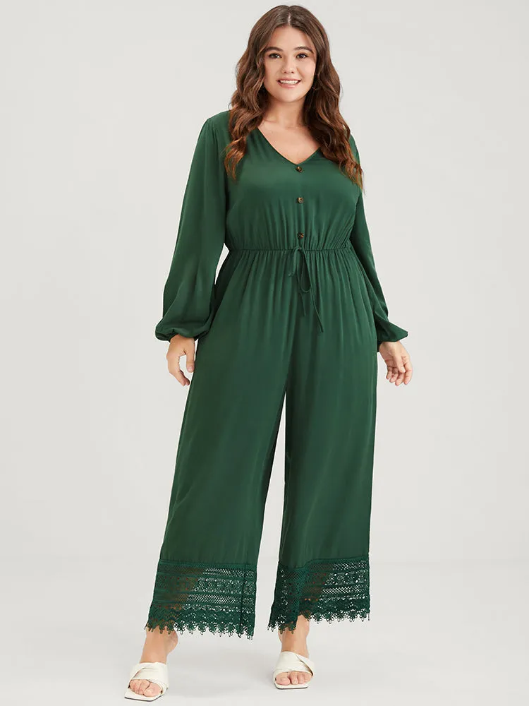 Plain Pocket Button Lantern Sleeve Lace Hem Tie Jumpsuit sold by Bloomchic product image thumbnail 4
