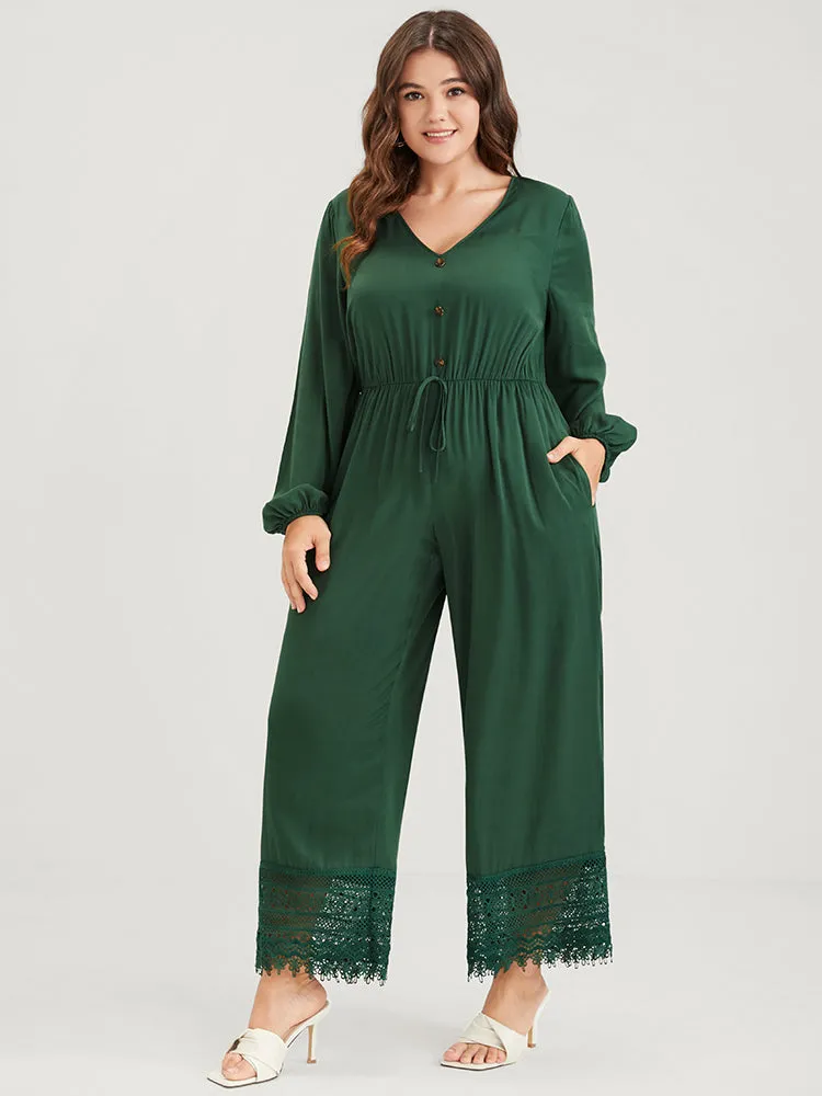 Plain Pocket Button Lantern Sleeve Lace Hem Tie Jumpsuit sold by Bloomchic