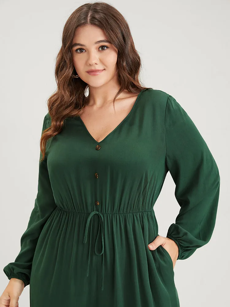 Plain Pocket Button Lantern Sleeve Lace Hem Tie Jumpsuit sold by Bloomchic product image thumbnail 5