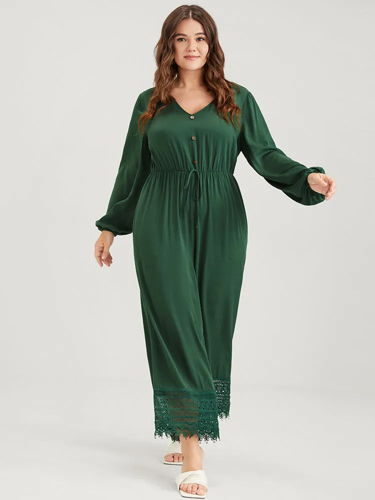 Plain Pocket Button Lantern Sleeve Lace Hem Tie Jumpsuit sold by Bloomchic product image thumbnail 2