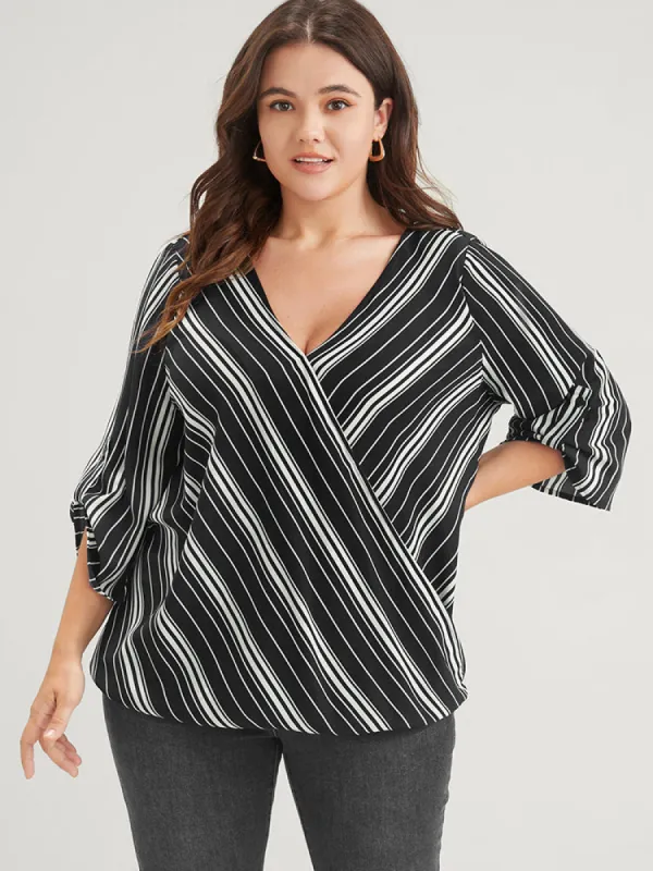 Striped Button Cuffed Sleeve Wrap Blouse sold by Bloomchic