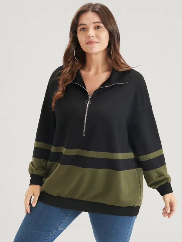 Colorblock Contrast Zipper Lapel Collar Sweatshirt sold by Bloomchic