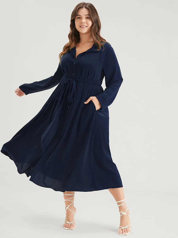 Solid Button Pocket Flutter Knotted Shirt Collar Midi Dress sold by Bloomchic product image thumbnail 3