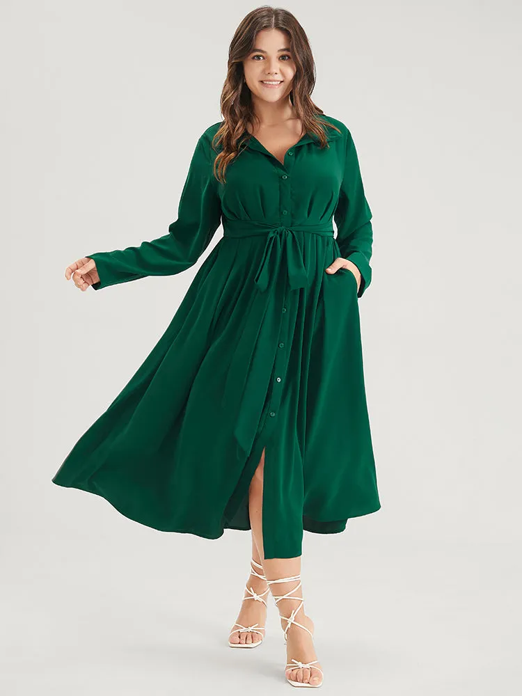 Solid Button Pocket Flutter Knotted Shirt Collar Midi Dress sold by Bloomchic product image thumbnail 5