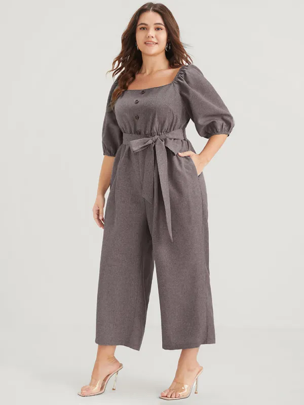 Plain Fake Button Pocket Puff Sleeve Square Neck Belted Jumpsuit sold by Bloomchic